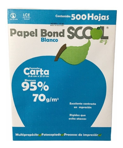 Caja Hojas C/10 Paquetes Papel Bond Carta 95% Blan 70g Scool
