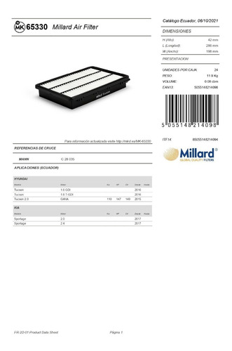 Filtro Aire Millard Mk-65330 Hyundai Tucson Kia Sportage Foto 4