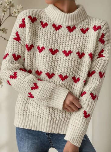 Jersey Para Mujer, Estampado De Corazón, Manga Larga, Cuello