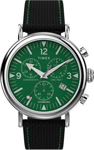 Reloj Timex Hombre Tw2v43900 Standard Chrono Analógico Color De La Malla Negro Color Del Bisel Plateado Color Del Fondo Verde