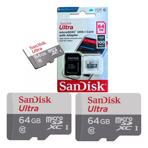 Kit 3 Cartão De Memória Sandisk 64gb Ultra 100mb/s Câmera