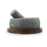 Molcajete Artesanal De Piedra Volcanica Con Base De Madera