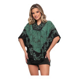 Blusinha Feminina Caftan Manga Curta Morcego Boho Batik