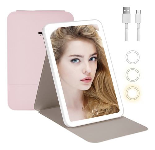 Espejo De Maquillaje Plegable Led De 3 Nivele Recargable Usb