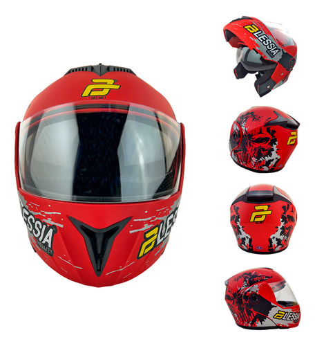 Casco Abatible Con Mica Transparente Doble Visor Toxic Rojo