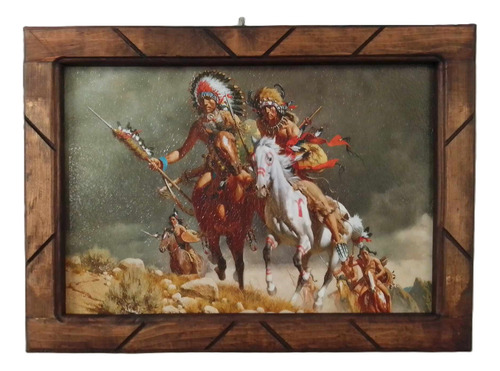 Cuadro De Indios A Caballo Con Marco De Madra 33x45cm