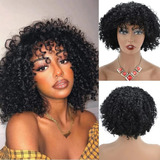 Peluca De Pelo Corto Negro Afro Cabello Humano Con Flequillo