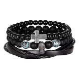 Conjunto Pulseras Piedras Y Cuero Modelo Skull Cross, Hombre