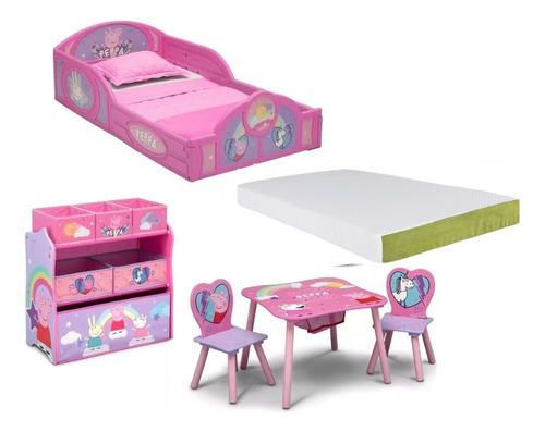 Cama Infantil Juguetero Mesa Dos Sillas Y Colchon Peppa Pig