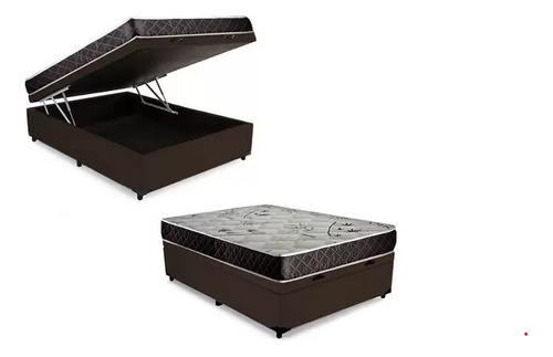 Cama Box Baú Casal Confort Marrom Sintético + Colchão D33