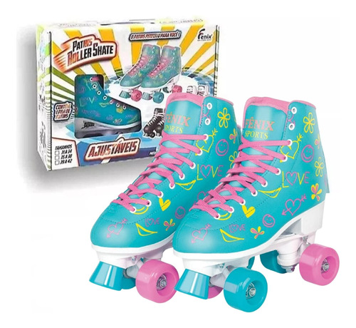 Patins Infantil Tradicional 4 Rodas Fenix Ajustável Azul 