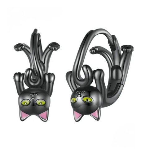 Aretes De Gato Negro Kawaii En Plata 925. Joyería Única.