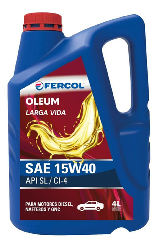 Aceite Fercol Oleum Mineral Larga Vida 15w-40 4lt