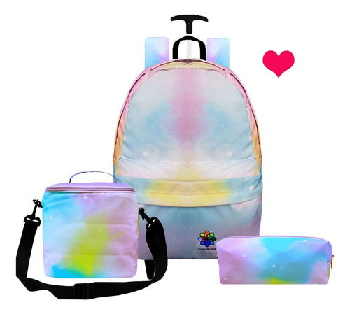 Bolsa Escolar Feminina Mochila Juvenil Costa Tie Dye Rodinha Cor Rosa