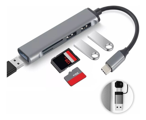 Multipuerto Hub 5 En 1 Usb / Tipo C  3.0 Metálico Epik Sd 