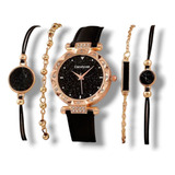 Set Reloj Negro Diamante Circular Con Pulseras Candy 