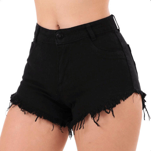 Short Jeans Feminino Cintura Alta Com Lycra Barra Desfiada