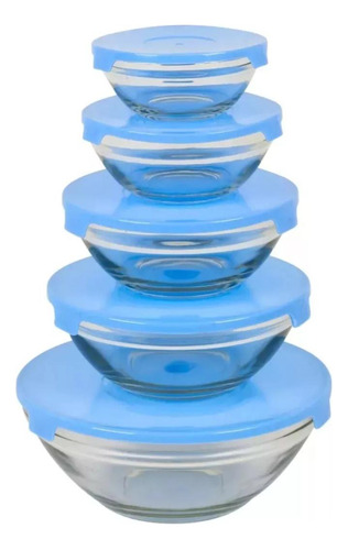 Set X 5 Bowls Vidrio Recipiente Con Tapa Plastica