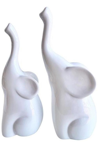 Dupla Escultura Elefante Branco Mãe E Filho De Cerâmica