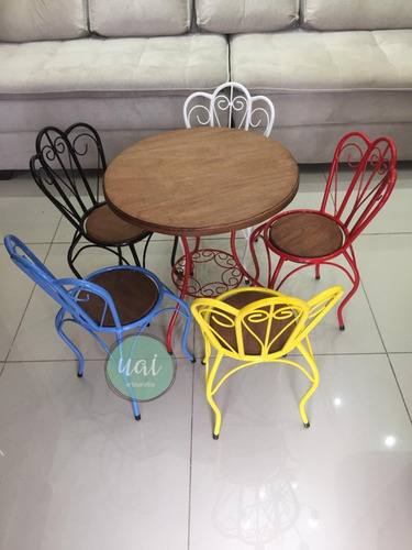 Conjunto De 4 Cadeiras Mesa Coloridas Ferro Madeira Promoção