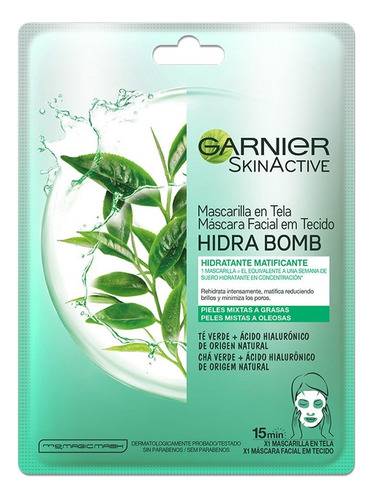  Mascarilla En Tela Garnier Hidra Bomb Te Verde Matificante