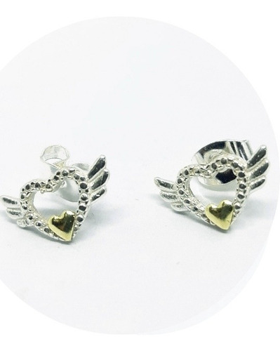 Aros Plata Y Oro Corazón Alado Pequeños