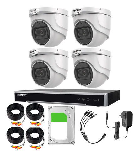 Epcom Kit De 4 Camaras De Seguridad Metalicas Con Microfono Domo 5mp Protección Ip67 Para Uso Exterior + Dvr 4ch Turbohd Con Detección De Movimiento Y Salida De Alarma +1tb Hdd Modelo Ev8004e50g2-plus