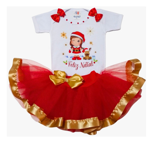  Roupa Natal Menina Saia De Tutu Body Papai Noel Fantasia