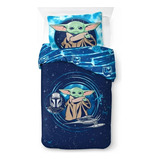 Set Edredón Reversible Baby Yoda Con Sabanas Individual 5 Pz Color Azul Diseño De La Tela Yoda Star Wars