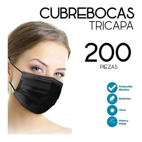 Caja De Cubrebocas Negro Para Adulto Tricapa 200 Pzs Diseño De La Tela Lizo