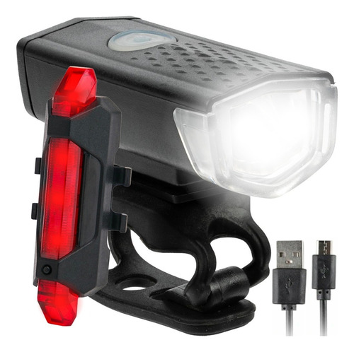 Lanterna Para Bike Kit Traseira + Dianteira Recarregável Usb Cor Preto