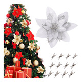 12 Pcs Flores De Navidad Con Clip Brillo Navideñas Ornamento