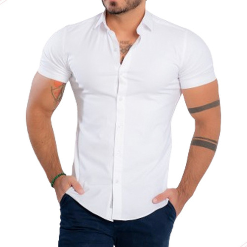 Camisa Masculina Slim Fit Com Elastano - Barata