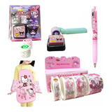 Kit Papeleria Niños Con Mandil Sellos Tape Pluma Kawai Kitty