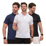 Kit 3 Camisa Polo Masculina Lisa Preto Azul Marinho E Branca