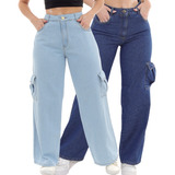 Kit 2 Calças Feminina Cargo Wideleg Jeans Básico Sem Lycra