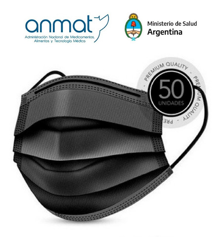 Barbijo Negro Tapaboca Descartable Anmat X50u Tricap 95 %