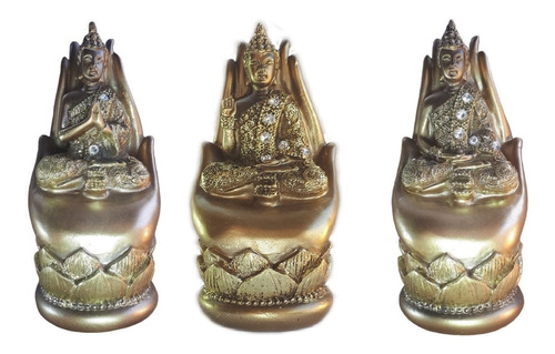 Trio Buda Tibetano 14cm Hindu Dourado Com Cristais Meditando