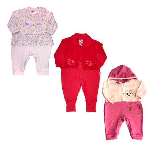 Kit 3 Pçs Macacão Luxo Roupa De Bebê Menina Enxoval Atacado 