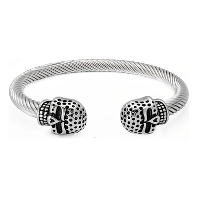 Brazalete Acero Hombre 2 Calaveras Torcida Ajustable Plateado 6 Cm