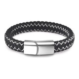 Pulsera Manilla Trenzada Para Hombre En Cuero Negro Y Acero