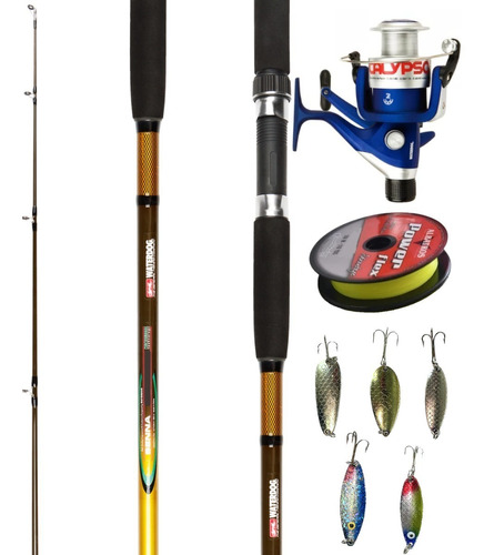 Kit Pesca Caña + Reel + 5x Cucharas + Tanza Spinning Truchas