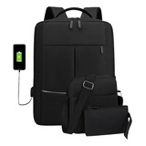 Mochila Usb  Bolsa  Lapicera, Set 3 Piezas Viaje Escolar Oficina Casual 3005 S Color Negro