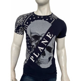 Playera Con Calavera En Pedrería Y Franja 1956 Tipo Philipp Plein