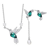 Juego Joyas Colibrí S925 Plata Cristal Swarovski Esmeralda