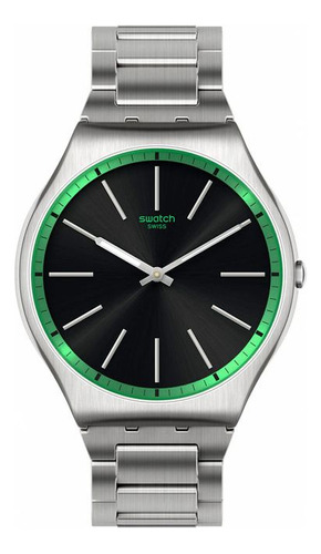 Reloj De Pulsera Swatch Ss07s128g, Analógico, Para Hombre, Fondo Negro, Con Correa De Acero Inoxidable Color Plateado, Bisel Color Verde Y Mariposa