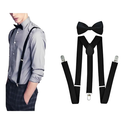 Tirantes De Los Hombres, Set De Tirantes Sujetadores Y Moño Unisex, Set O Kit De Moño Y Tirantes Para Hombre, Tirantes De Clip Resistentes En Y Ajustables Para Informal Y Formal Negro Liso