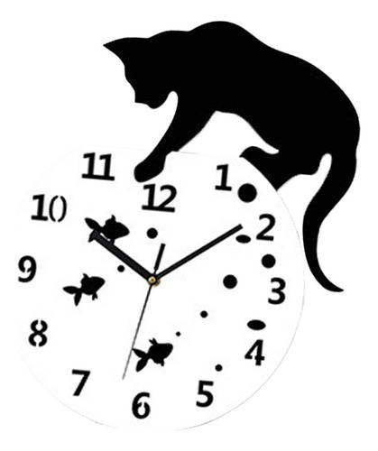 Reloj De Pared Silencioso Con Diseño De Gato Y Peces