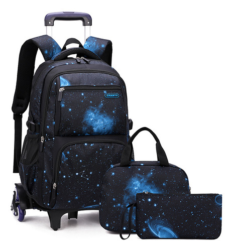 Set Mochila Escolar Impermeable Con Ruedas Carrito Y Lonchera, Lapicera De Galaxia Para Niño Primario Secundario, Viaje, Laptop