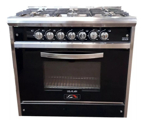 Cocina Usman Black Night 900 A Gas 6 Hornallas  Acero Inoxidable Puerta Con Visor